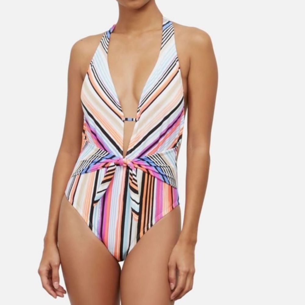 Kenneth Cole Mio Stripe Plunge Neckline One Piece Low Back Tie Swimsuit